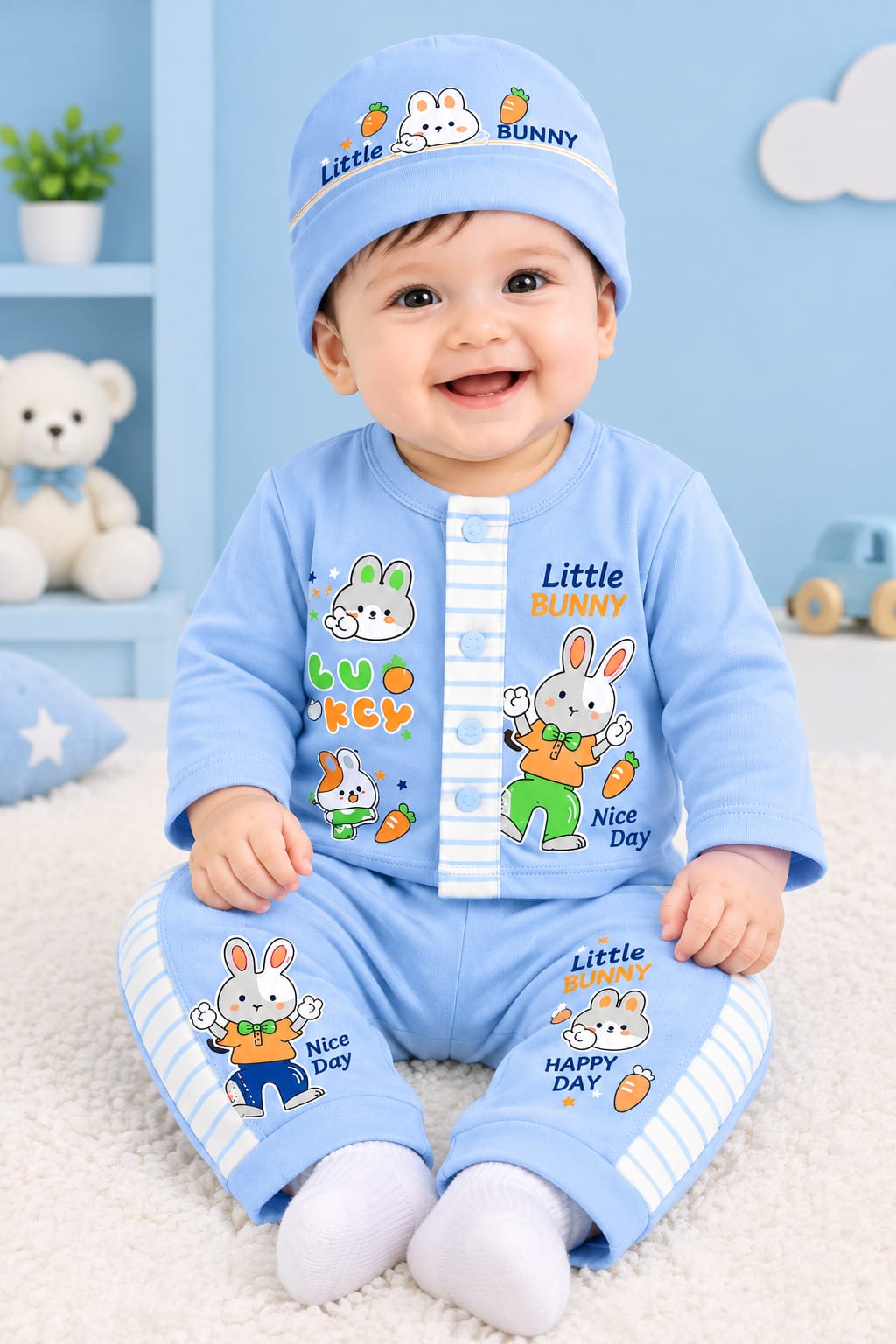 Little Bunny Baby 3-Piece Set – Cotton Full-Sleeve Shirt, Jogger & Cap | 0–6 Months
