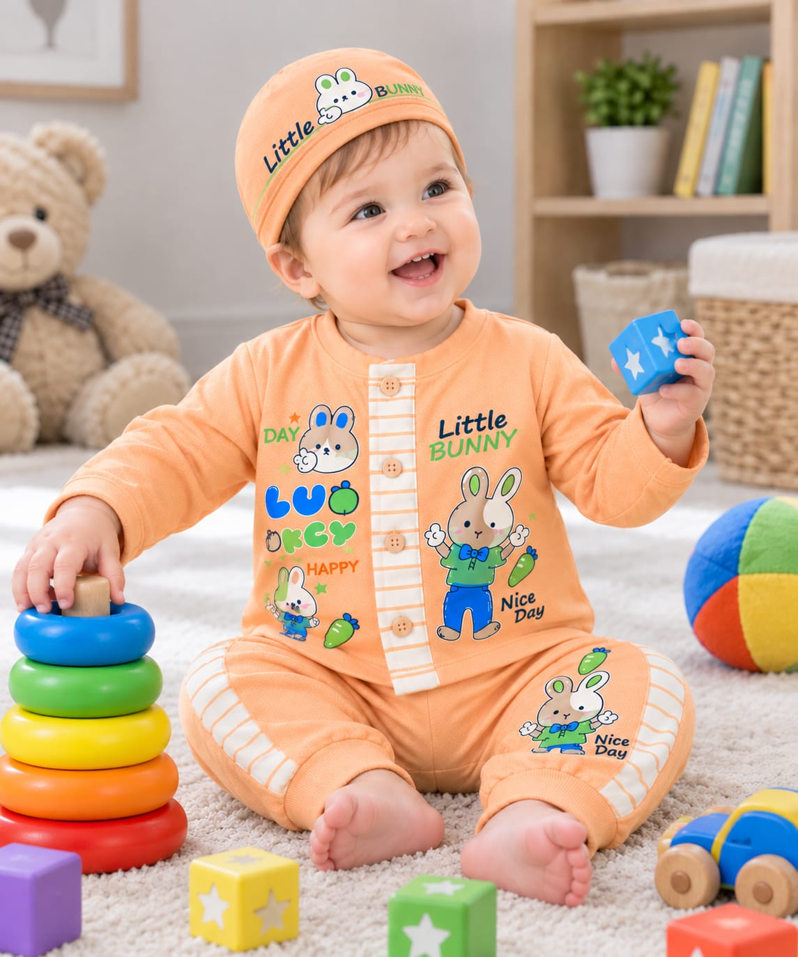 Little Bunny Baby 3-Piece Set – Cotton Full-Sleeve Shirt, Jogger & Cap | 0–6 Months