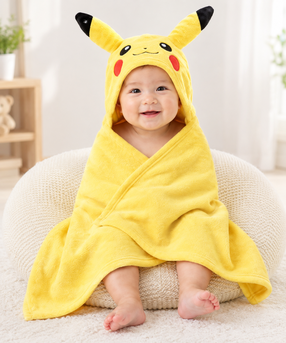 A baby wrapped in a bright yellow Pikachu-themed hooded towel or blanket, sitting on a round beige cushion in a softly lit indoor room.