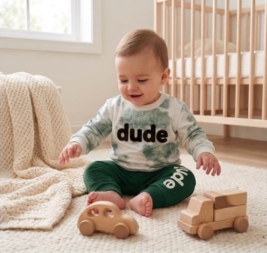 A baby sitting on a cream rug in a nursery, wearing a white long-sleeve shirt with a green tie-dye pattern and the word 'dude' printed in black across the chest, paired with dark green pants. The baby is playing with wooden toys, with a crib and a window in the background.