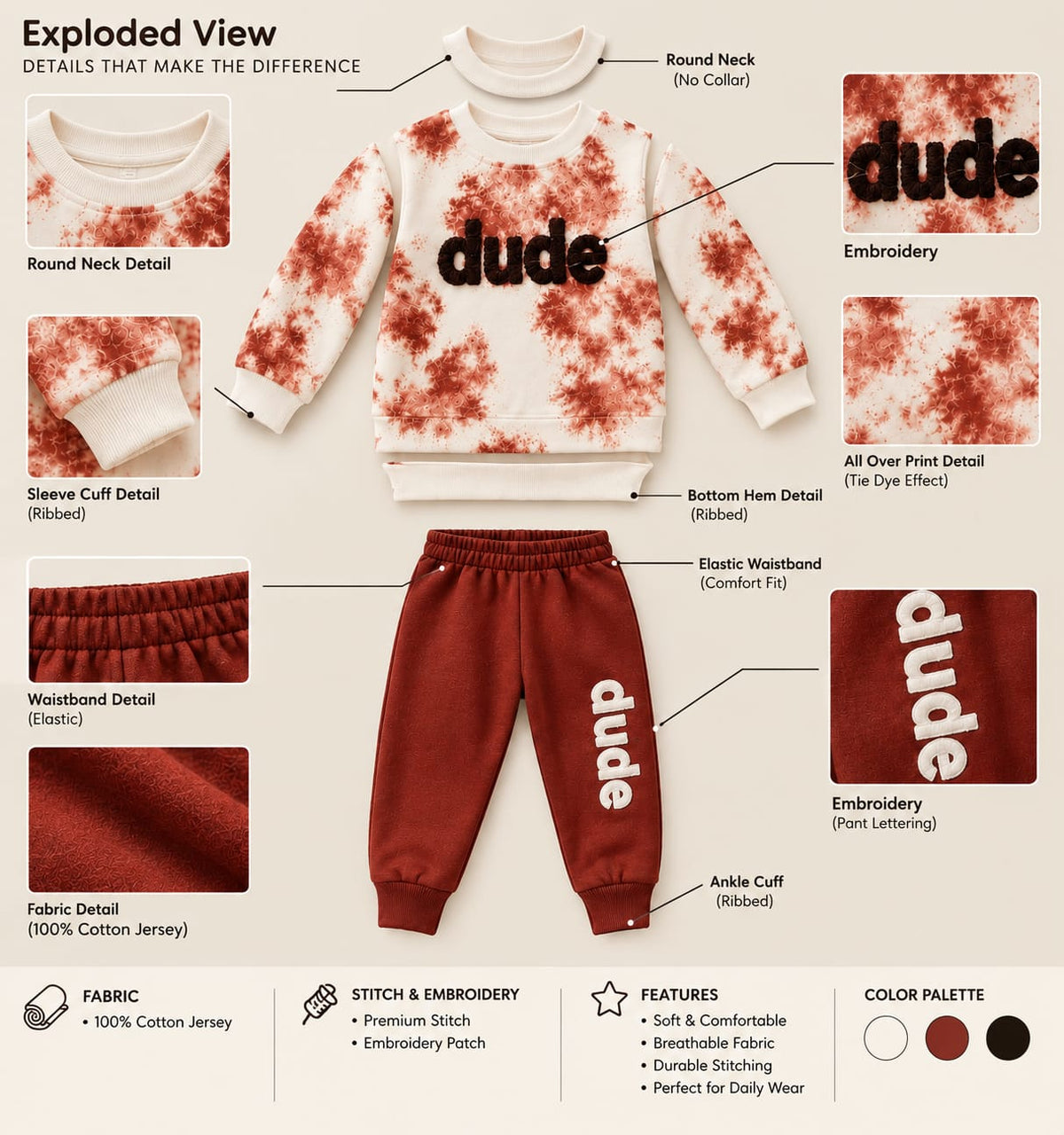 Baby Boys' 2-Piece Outfit Set: Brown Tie-Dye Long-Sleeve T-Shirt & Jogger Pants