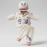 Newborn Baby 3-Piece Outfit Set: 'Happy Panda' Collared Shirt Top, Pants & Matching Beanie Cap