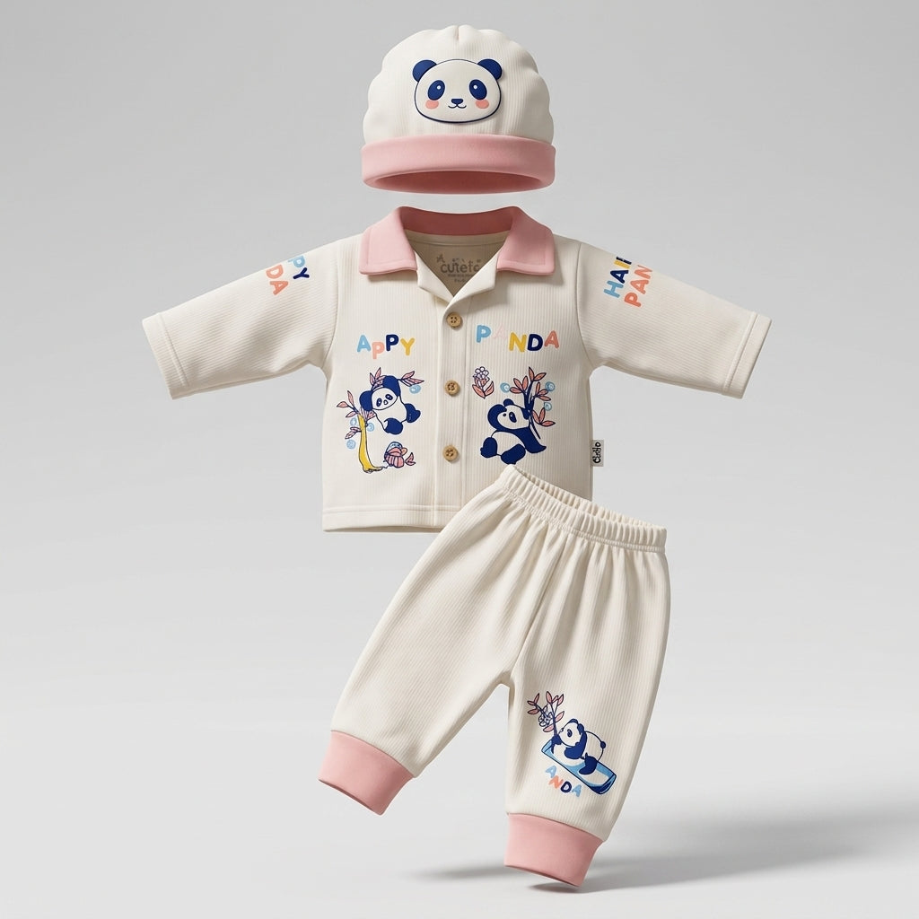 Newborn Baby 3-Piece Outfit Set: 'Happy Panda' Collared Shirt Top, Pants & Matching Beanie Cap
