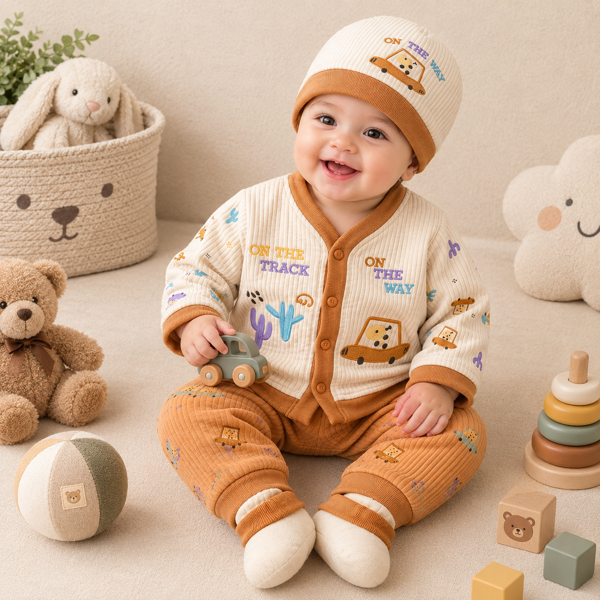 4-Piece Newborn Baby Ribbed Cotton Set, Safari Car Top, Joggers, Cap & Booties