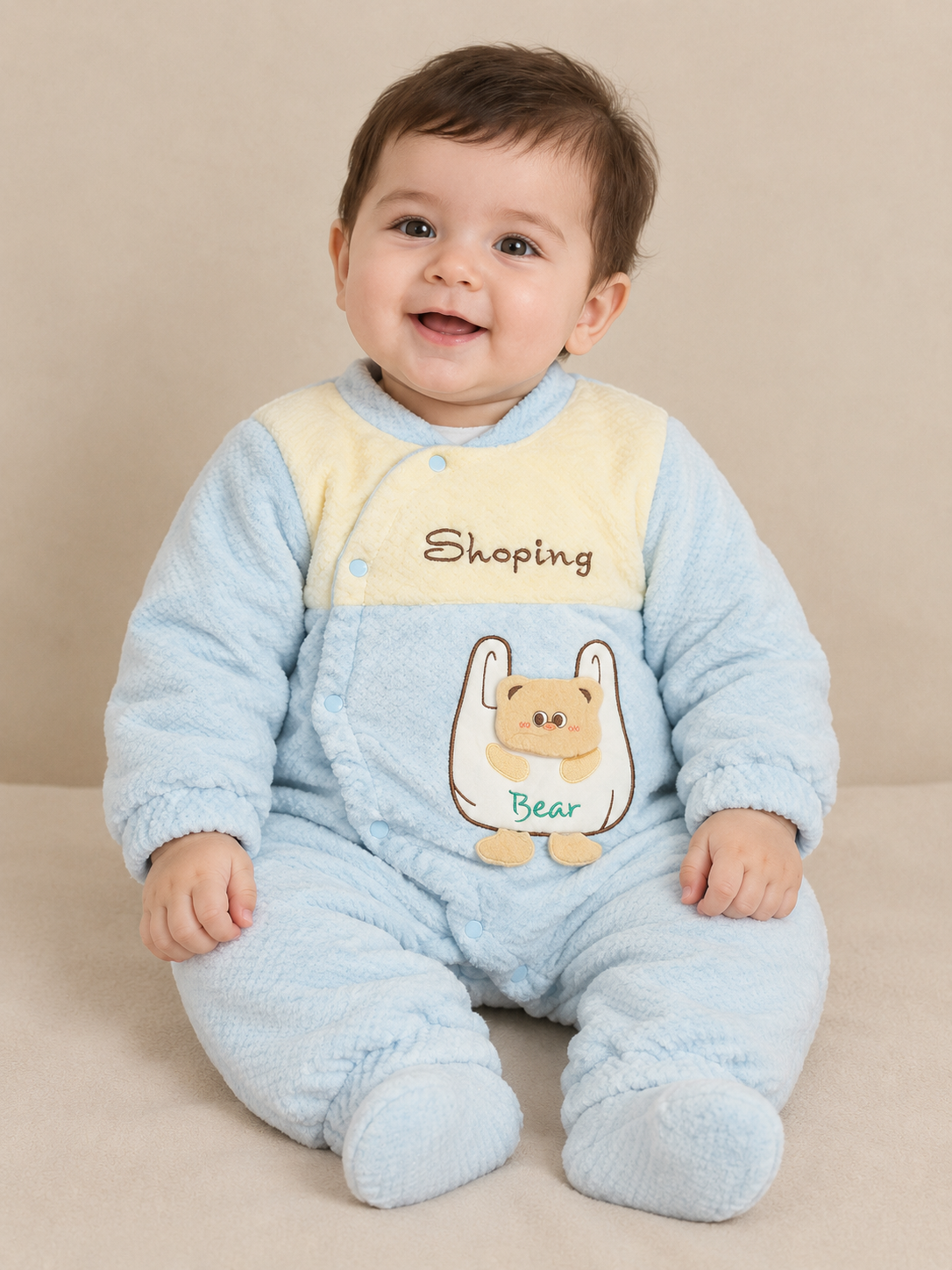 Baby Coral Fleece Warm Romper – Soft Plush Bear Embroidered Winter Jumpsuit